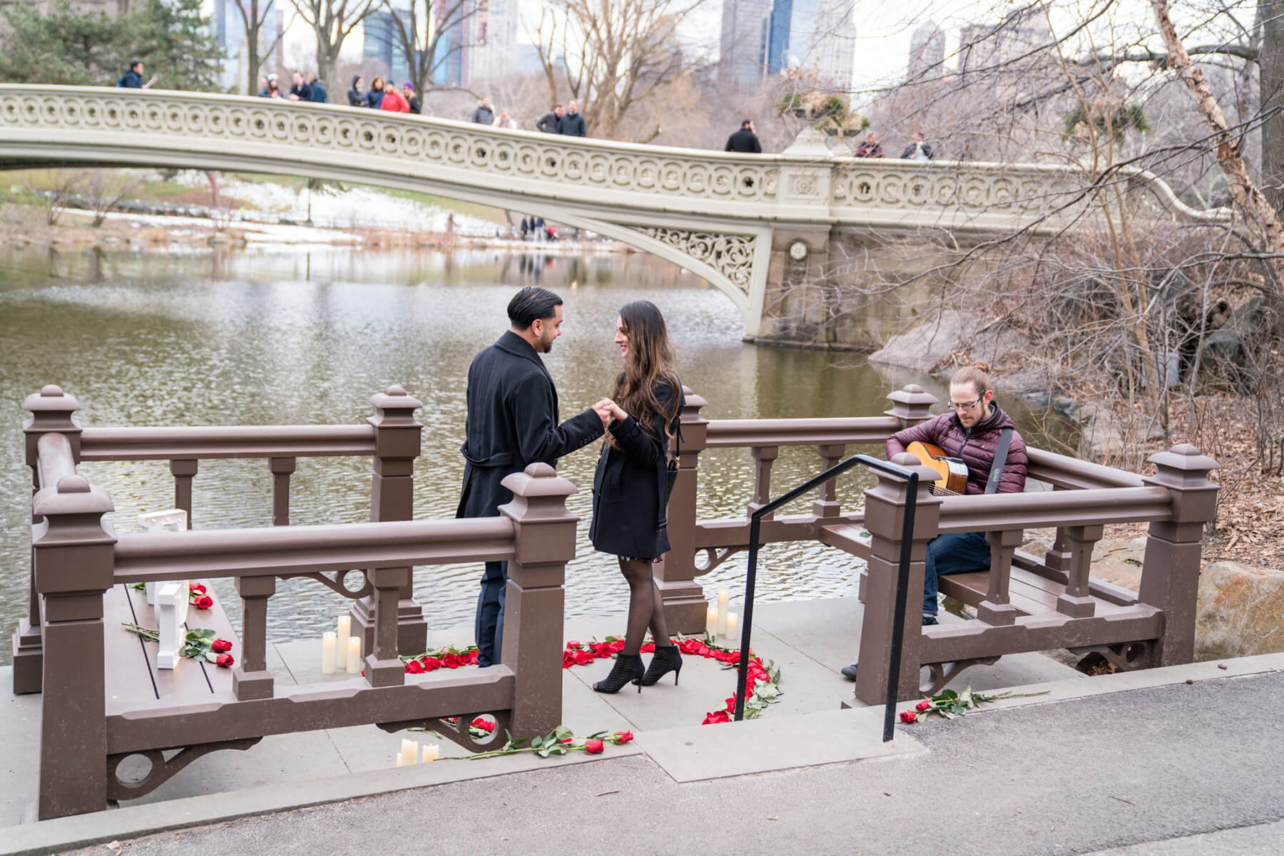 Romantic Proposal By the Bow Bridge with Musician and Rose Heart 3