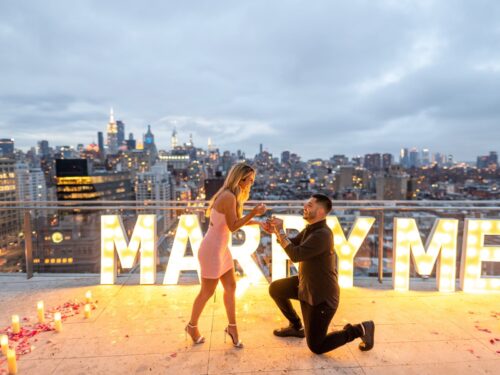 Remi and Nareh engagement on a luxury penthouse terrace in New York