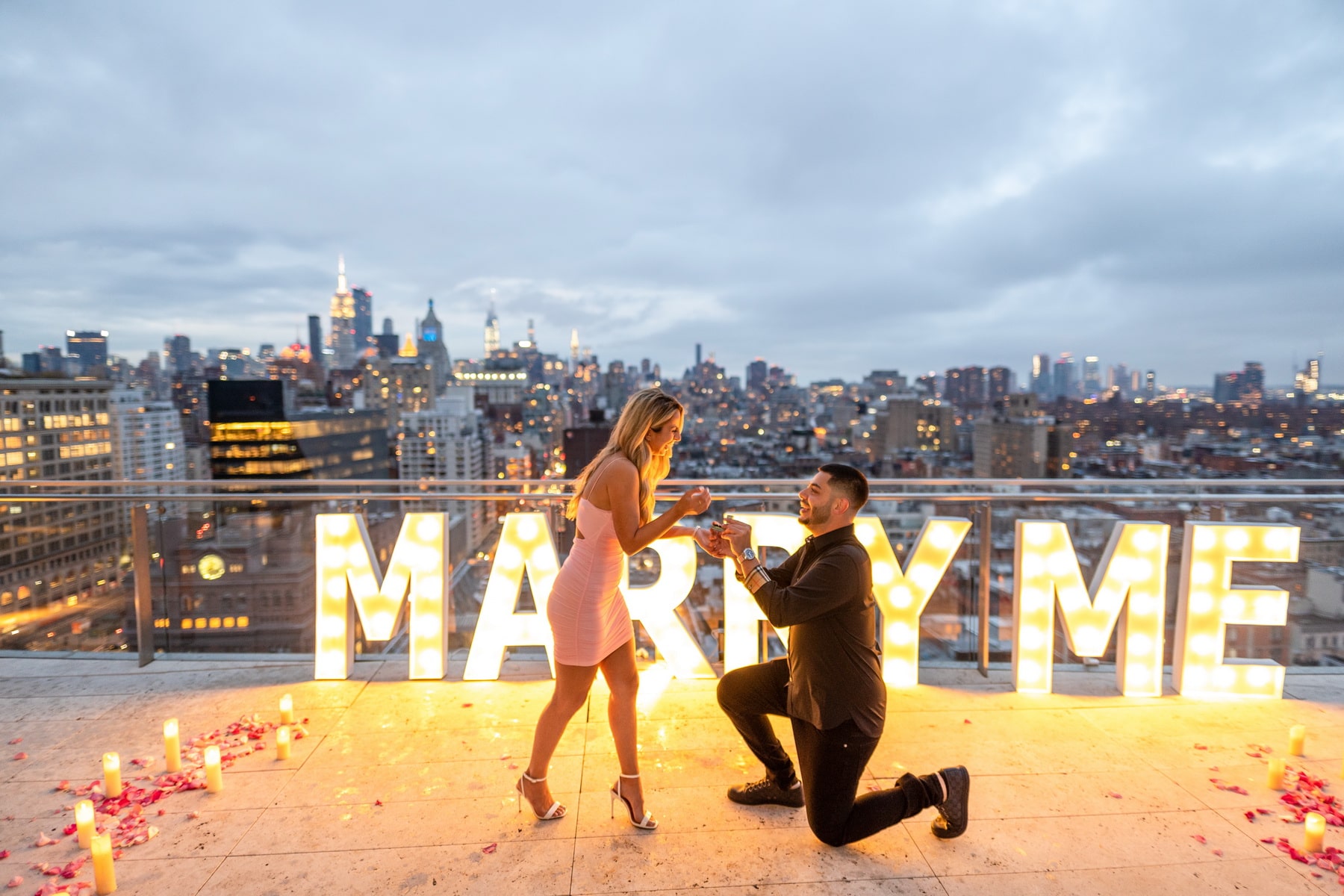 Remi and Nareh engagement on a luxury penthouse terrace in New York