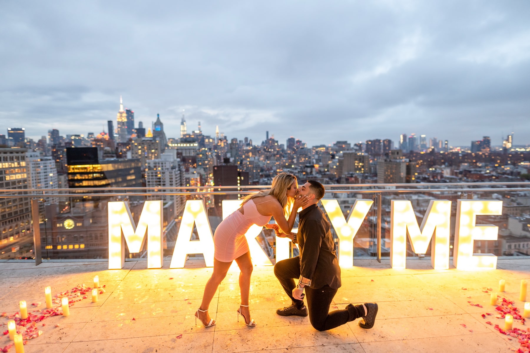 Remi and Nareh engagement on a luxury penthouse terrace in New York