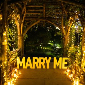 Glowing MARRY ME letters inside a rustic gazebo at night, with candle lanterns and string lights lining the path