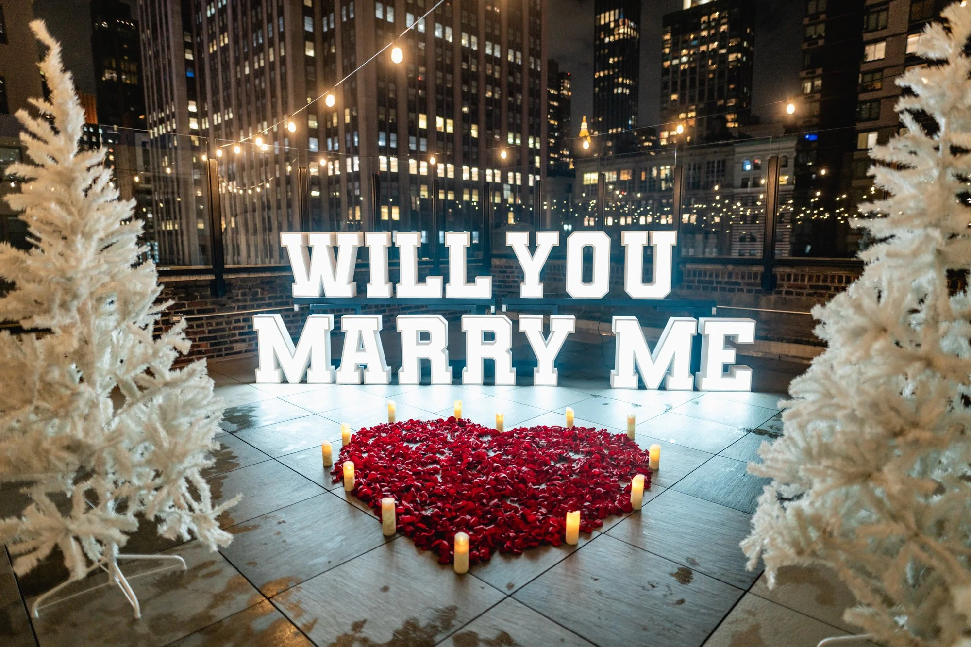 Will You Marry Me light-up letters and a red rose petal heart between white Christmas trees on a Manhattan rooftop at night